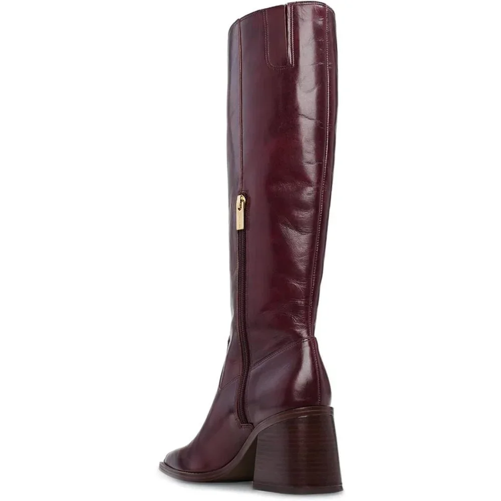 Women Burgundy Polyurethane Knee High Side Zipper Square Toe Block Heel Boots